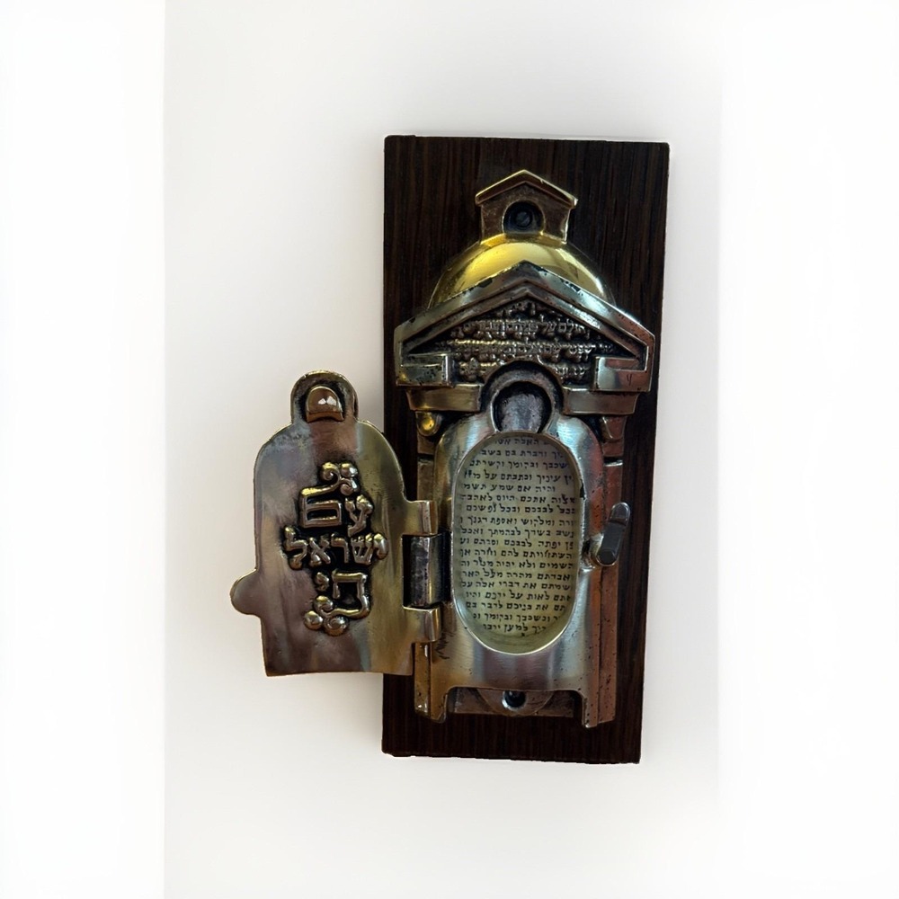 Mezuzah Vintage Frank Meisler Israel Gilt Medal Jewish Judaism Stand Hinged Door